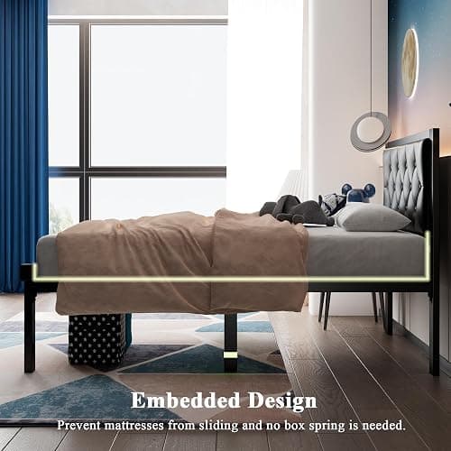 Feonase Twin Size Metal Bed Frame with Faux Leather Button Tufted Headboard, Heavy-Duty Platform Bed Frame with 12" Storage, Steel Slats Support, No Box Spring Needed, Noise Free, Black thumbnail 7