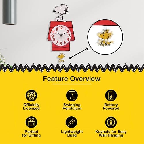 Mark Feldstein, Peanuts Snoopy's Dog House with Woodstock Pendulum Pal Wall Clock, 12 Inch thumbnail 5