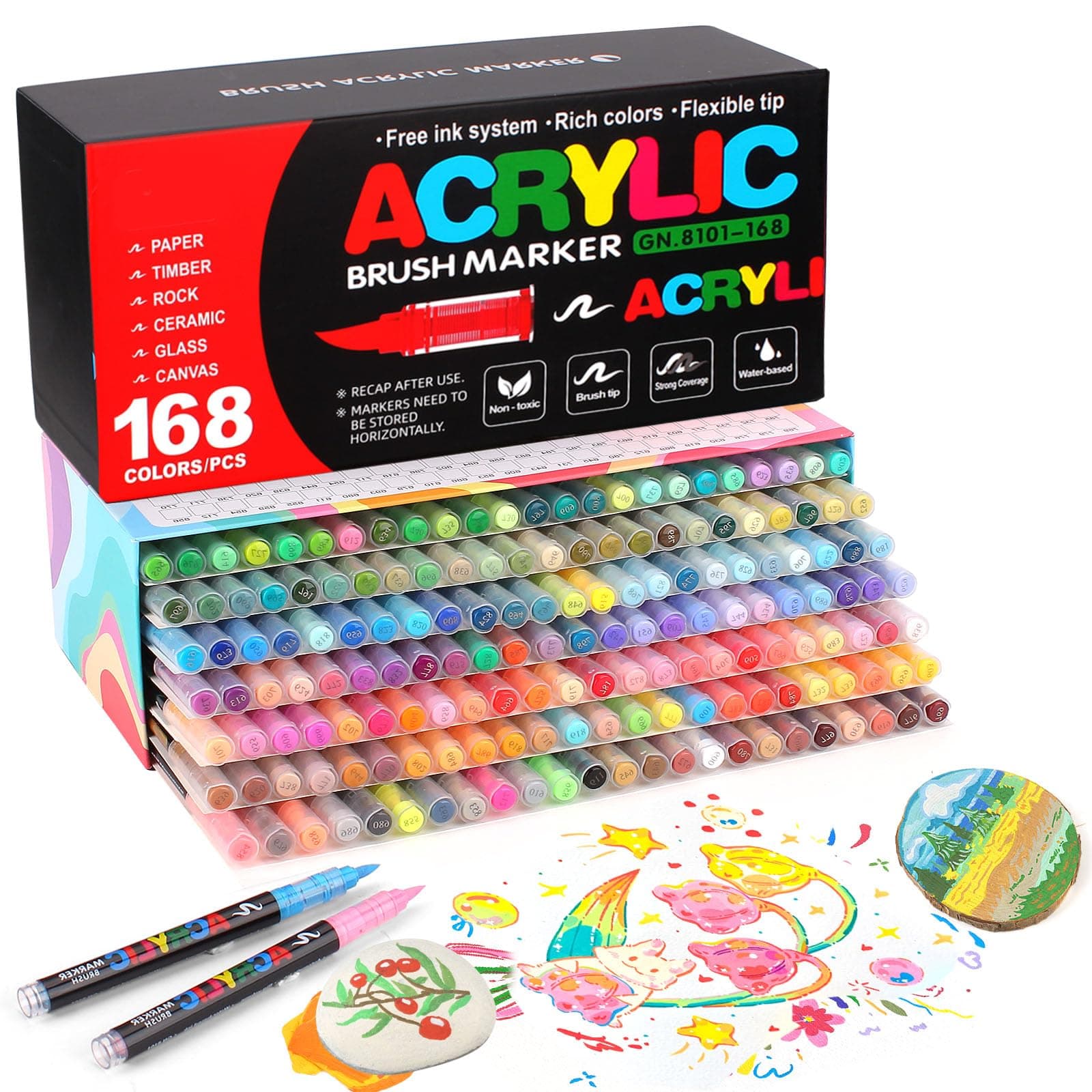 Marcadores Acrílicos 168 Colores Punta Brush – Tinta Acrílica Líquida de 2.4 ml, Caja de 7 Niveles, Ideal para Arte en Roca, Madera, Vidrio, Tela y Más – Rotuladores Acrílicos de Pintura - Image 1