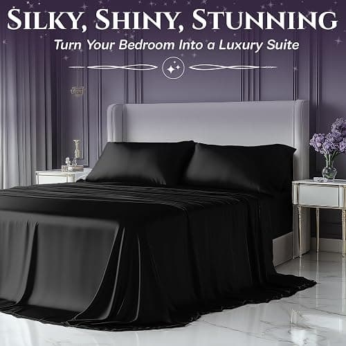 SLEEP SANCTUARY Satin Sheets King Size – 4 Piece Luxury Silky Bed Set, Softer Than Silk, 15" Deep Pocket, Cooling & Wrinkle-Free, Moisture-Wicking & Breathable for Hair & Skin (Black) thumbnail 5