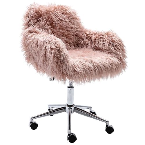 KCC Fluffy Office Desk Chair, Faux Fur Modern Swivel Armchair with Wheels, Soft Comfy Fuzzy Elegant Accent Makeup Vanity Chairs for Women Girls, Home Living Dressing Room Bedroom, Pink - Image 1