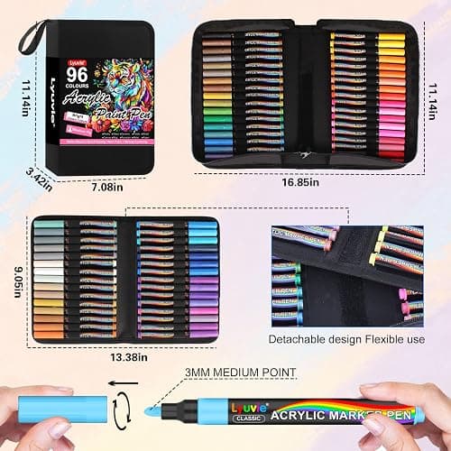 96 Colours Acrylic Paint Pens Marker Set, Water-Based Acrylic Markers for Rock Painting Glass Pebbles Fabric Stone Wood Plastic Metal Ceramic thumbnail 3