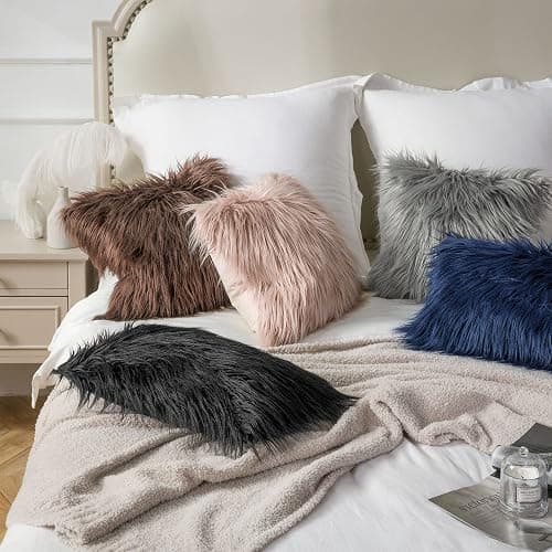 Phantoscope Pack of 2 Faux Fur Solid Throw Decorative Pillow Cover Cushion Covers Luxury Soft Halloween Decorative Pillowcase Fuzzy Pillow Covers for Bed/Couch, Black 18 x 18 Inches thumbnail 7