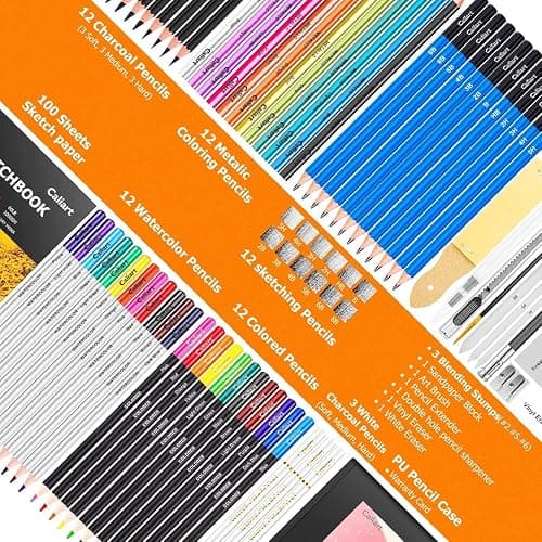 Caliart 176PCS Art Supplies Sketching Kit with 100 Sheets 3-Color Sketch Book, Graphite Colored Charcoal Watercolor & Metallic Pencils, Drawing Supplies Christmas Gifts for Artists Adults Beginners thumbnail 6