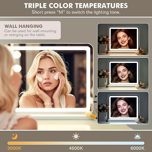 LuxeVue Vanity Mirror with Lights, 23" x 19" Large Makeup Mirror with 3 Color Modes & Adjustable Brightness, Detachable 15x Spot Magnification, Smart Touch Control,Plug in(Tabletop & Wall-Mounted) thumbnail 3