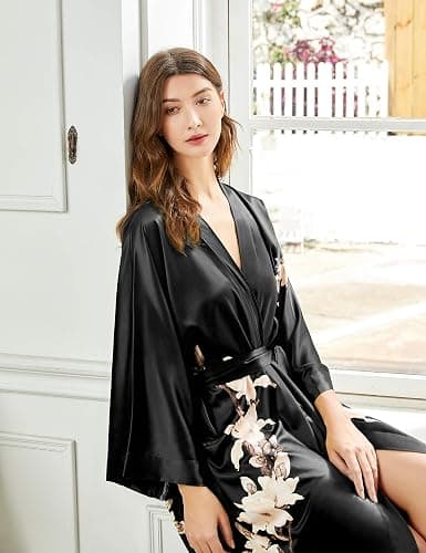 BABEYOND Kimono Robe Cover up with Box Long Floral Satin Sleepwear Silky Bathrobe Bachelorette Robe thumbnail 3