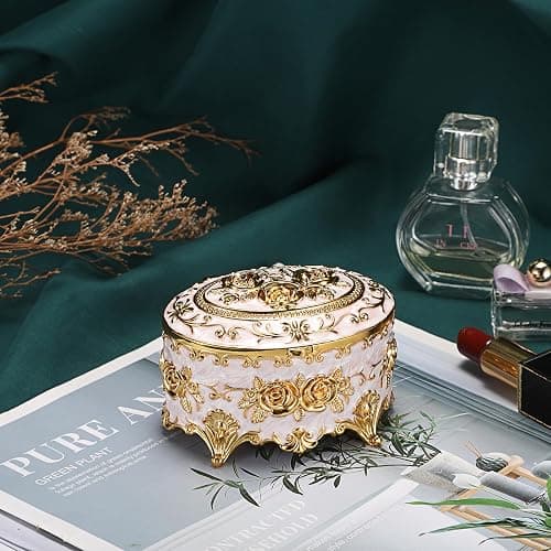 Hipiwe Vintage Metal Jewelry Box - Oval Trinket Organizer Ring Box Case with Rose Pattern Jewelry Storage Box for Ring Earrings Necklace, Gift for Women thumbnail 2