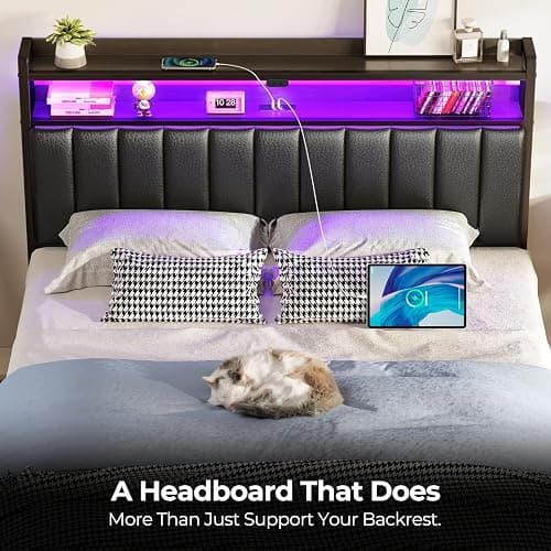 Rolanstar Headboard for Full Size Bed with Storage, 60,000 DIY Color of LED Light, Head Board with USB & Type C Port, Height Adjustable, Black Upholstered Cabeceras de Cama Comfortable Modern, Leather thumbnail 8