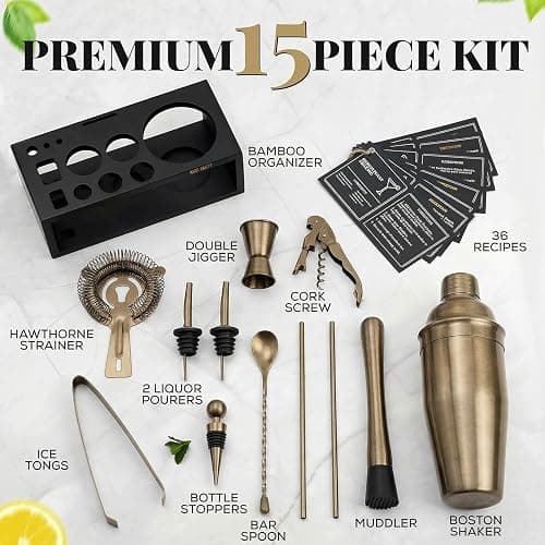 Brushed Brass Mixology Kit - 15 Piece Bar Tool Set, Silver Bar Set Cocktail Shaker Set for Drink Mixing - Includes Martini Shaker, Jigger, Strainer, Bar Mixer Spoon, Tongs, Opener | Gift Idea thumbnail 3