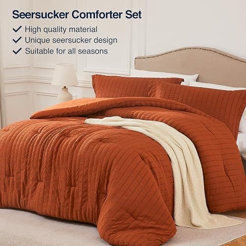 Quataly Queen Comforter Set Seersucker Lightweight Bed Set for All Season | 3PCS Burnt Orange Terracotta Bedding Set with 1 Elegant Comforter (90"x90") and 2 Soft Pillowcases (20"x30") thumbnail 4