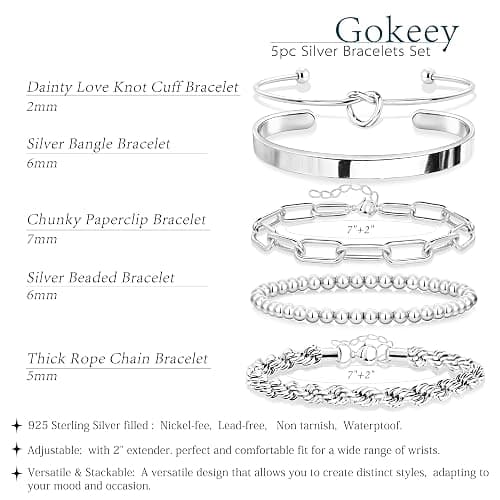 Gokeey Gold Bracelets Set for Women Non Tarnish, Waterproof 14K Gold Plated Sterling Silver Chunky Cuff Bracelet Stackable Gold Bangles Bracelet for Women Trendy Fashion Accessories Tie Knot Cuban Rope Paperclip Beaded Bracelet Stack Jewelry Mothers Day Gifts for Mom Birthday thumbnail 6