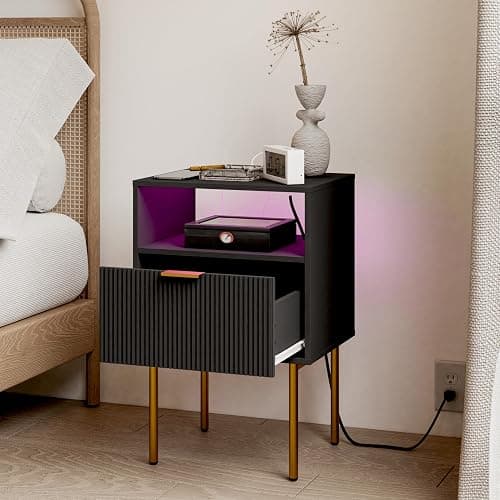 Modern Nightstand with Charging Station and LED Lights, Black Nightstand with Drawer, Fluted Nightstand for Living Room, Bedroom thumbnail 7