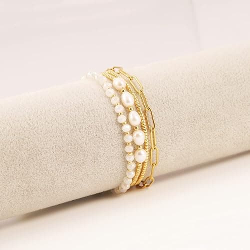Pymach Dainty Gold Plated Pearl Crystal Beaded Bracelets Set for Women 14K Gold Plated Bead Pearl Beads Bracelet Stackable Paperclip Link Chain Bracelets Gold Plated Bracelets for Women Trendy Jewelry thumbnail 2