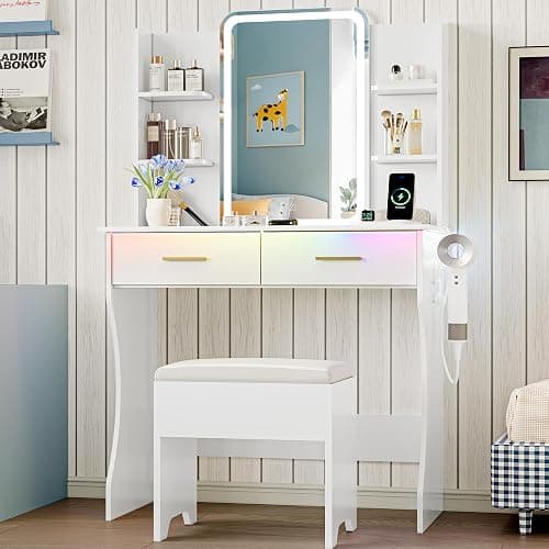 Vanity Desk with LED Lights Mirror & Power Outlet, Small Makeup Vanity Table Set with Storage Drawers & Chair, 3 Lighting Modes & Adjustable Brightness, Dressing Table for Women Girls Bedroom, White thumbnail 3