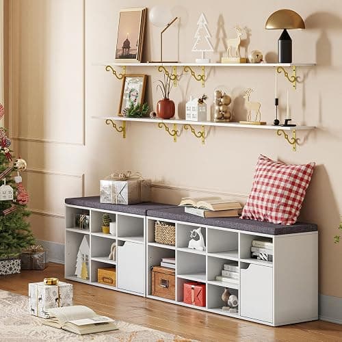 DINZI LVJ Long Wall Shelves, 31.5" Large Floating Shelves Set of 4, Farmhouse Display Shelf Wall Mounted with Heavy Duty Bracket, Easy Assembly for Kitchen, Bathroom, Bedroom, Balcony, White and Gold thumbnail 9