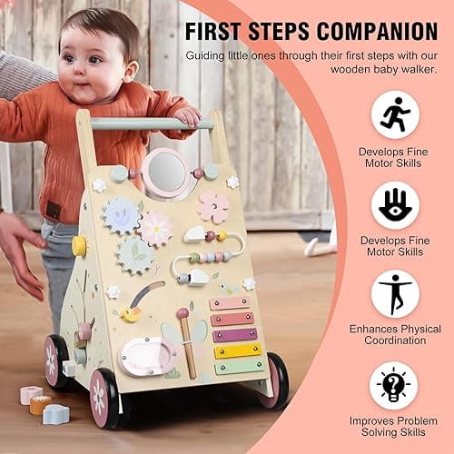 Pithfor Wooden Baby Walker, Baby Push Walker, Push Walker Toys for Babies Learning to Walk & Sit-to-Stand, with Montessori Sensory Toy & Activity Center for Girls Boys thumbnail 6
