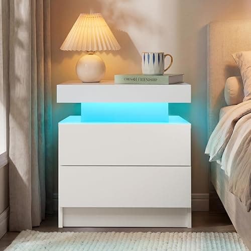 i-aplus Night Stand Set 2,LED Nightstands Set of 2,Bedside Table with Wood Drawers,Modern End Side Table for Bedroom,White thumbnail 3