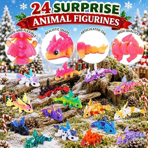 JOICEE 2026 Christmas Advent Calendar with Mini 3D Printed Dragon Animals | 24 Days 3D Printed Mini Dragon Animal Figurines Articulated Flexible Fidget Toys for Kids Boys Girls Xmas Party Favors Gifts thumbnail 4