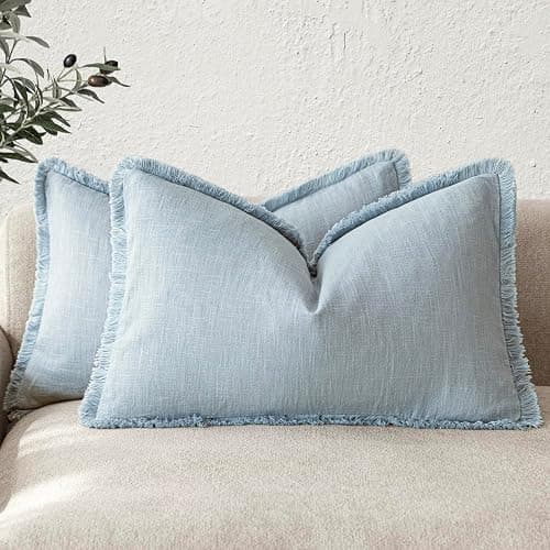Foindtower Set of 2 Decorative Linen Fringe Lumbar Throw Pillow Covers Boho Farmhouse Cushion Cover with Tassels Soft Accent Pillowcase for Couch Sofa Bed Living Room Home Decor,12×20 Inch,Sky Blue - Image 1