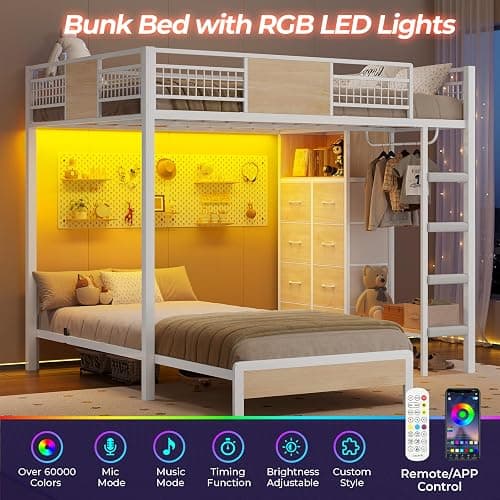 ADORNEVE Full Over Twin Bunk Bed with 8 Storage Drawers, Metal Loft Bed with Led Lights & Storage Shelves, Bunk Beds Twin over Full Size with 13.4" H Safety Guardrail & Ladder, for Kids & Teens, White thumbnail 3