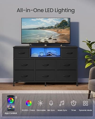 SONGMICS BELLAH Collection - Dresser for Bedroom with Outlets and LED Lights, TV Stand for TVs Up to 55 Inches, Chest of Drawers, 8 Drawers, Steel, Industrial, Modern, Ink Black ULGS433BH02S thumbnail 5