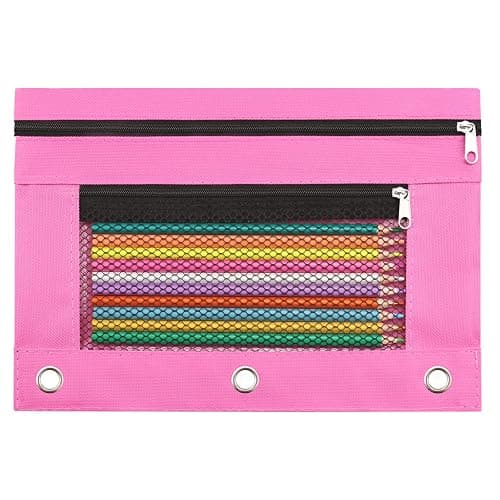 Pencil Pouch for 3 Ring Binder - 3 Hole Zipper Pen Case Bag Holder Bulk Accessories Clear Window Aesthetic Organizer Pockets (Hot Pink) - Image 1