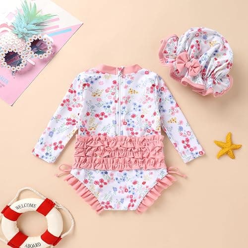 Infant Baby Swimsuit Girl Long Sleeve UPF 50+ Sun Protection One-Piece Rash Guard with Hat Zipper Bathing Suit thumbnail 3