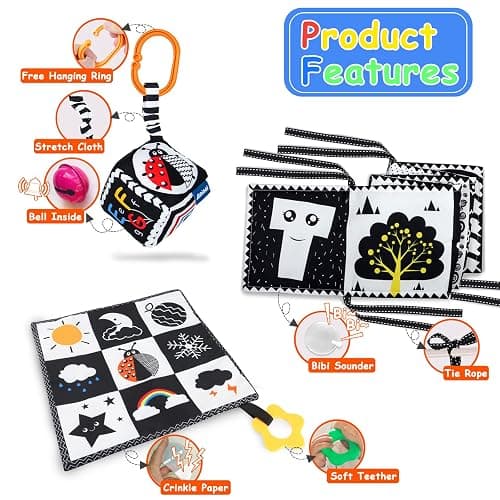 KUANGO 3 Pcs Black and White High Contrast Baby Toys for Newborn, Montessori Sensory Soft Book for Early Education, Infant Tummy Time Toys 0-9 Months Baby Gifts thumbnail 5