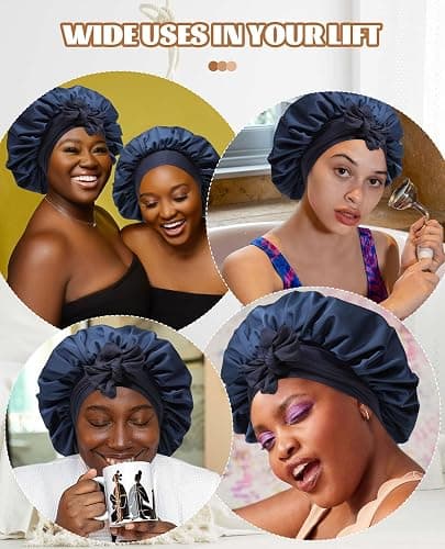 Satin Bonnet Silk Bonnet for Sleeping Silk Sleep Cap Double Layer Hair Bonnet with Elastic Tie Band for Curly Hair Night Cap (Navy Blue + Light Blue) thumbnail 7