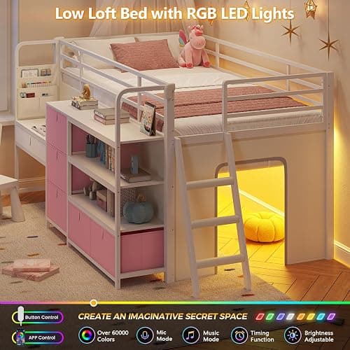 DICTAC Low Loft Bed with Desk and 6 Storage Drawers Twin Loft Bed with Bookshelf,LED Lights & Under-Bed Play Space,Kids Twin Beds with 13.8''H Safety Guardrail,Inclined Ladder&Play Curtain,Pink+White thumbnail 3