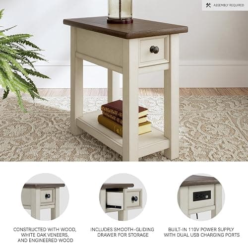 Signature Design by Ashley Bolanburg Chairside End Table With Charging Station, Two-Tone Wood Accent Table With Drawer Storage, Plank Top Design for Living Room or Bedroom, Antique White thumbnail 4