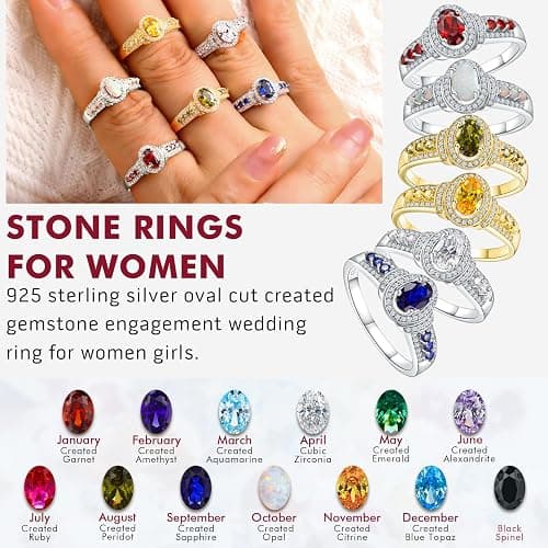 DAYBYDAY Birthstone Rings for Women 925 Sterling Silver/Yellow Gold Plated Gemstome Oval Engagement Promise Rings Size 6-10 thumbnail 2