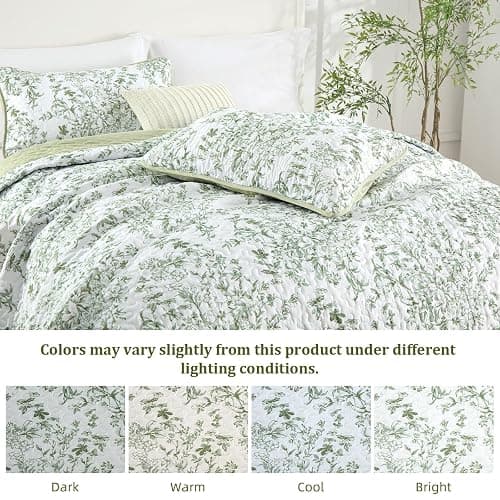 WONGS BDEEING Quilt King Size, Sage Green Quilt Bedding Set with 2 Pillowcases, Botanical Quilt for King Bed, Soft Microfiber Lightweight Coverlet Bedspread for All Season (110"×90", 3 Pieces) thumbnail 6