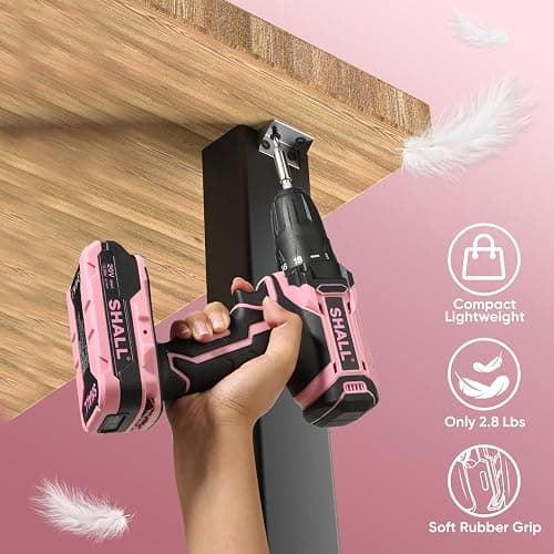 SHALL 247Pcs 20V Cordless Drill Driver & Household Tool Kit for Women, Pink Electric Power Drill Screwdriver and Home Hand Tool Set with 14” Storage Tool Bag for DIY, Home Repair/Maintenance thumbnail 3