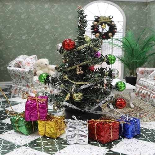 iLAND Dollhouse Accessories Mini Christmas Tree with Lights 6 inch Dollhouse Christmas Decorations Cute Xmas Tree Doll House Miniature Decor 1/12 Scale Accessories for Doll House Furniture Lovely Gift thumbnail 8