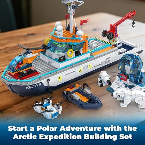 Glikid City Boat Building Set with LED Lights - Arctic Explorer Ship Toy Gift for 8 Year Old Boys and Girls, with Helicopter, Drone, Speedboat, Submersible, Iceberg, and Polar Bears thumbnail 3