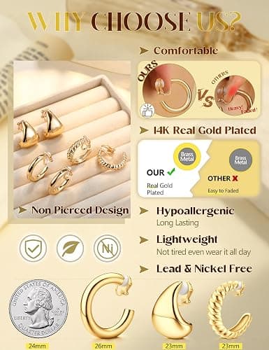YADOCA 9 Pairs Gold Clip on Earrings for Women 14K Gold Plated Waterdrop Chunky Clip on Hoop Earrings No Piercing Fake Earrings Set thumbnail 6