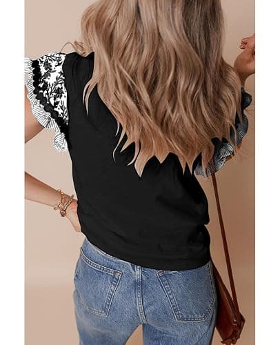 SELINK Womens Summer Ruffle Short Sleeve Top Crewneck T Shirts Floral Trim Casual Blouses thumbnail 2