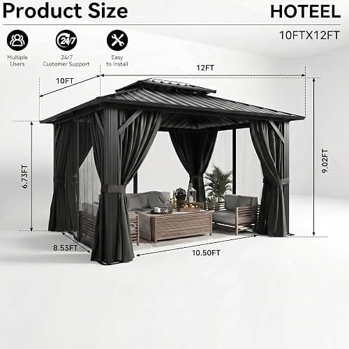 HOTEEL 10x12 Hardtop Gazebo On Clearance with Galvanized Steel Double Roof,Heavy Duty Gazebo with Flame-Retardant Curtain & Netting, Aluminum Frame Outdoor Canopy for Patio, Party, Black thumbnail 2