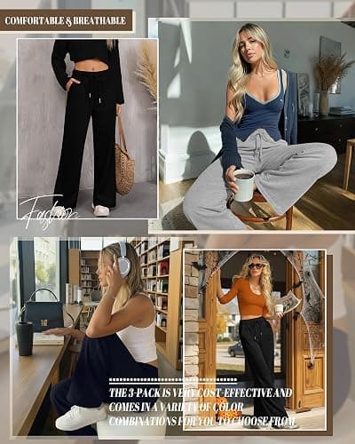 Riyiper 3 Pack Women Wide Leg Sweatpants Drawstring Straight Pants Elastic Waist Joggers Open Bottom Sweatpants with Pockets thumbnail 5
