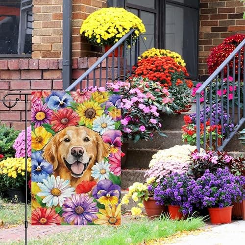 Louise Maelys Welcome Spring Golden Retriever Dog Garden Flag 12x18 Double Sided, Burlap Small Daisy Pansy Flower Yard House Outside Outdoor Summer Porch Lawn Decoration thumbnail 2