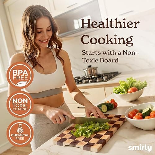SMIRLY Wood Cutting Boards for Kitchen Wooden Chopping Board Set Reversible with Deep Juice Grooves Grip Handles, Large Charcuterie Tray for Home Kitchen, Rubber Wood, 3Pcs with Holder thumbnail 6