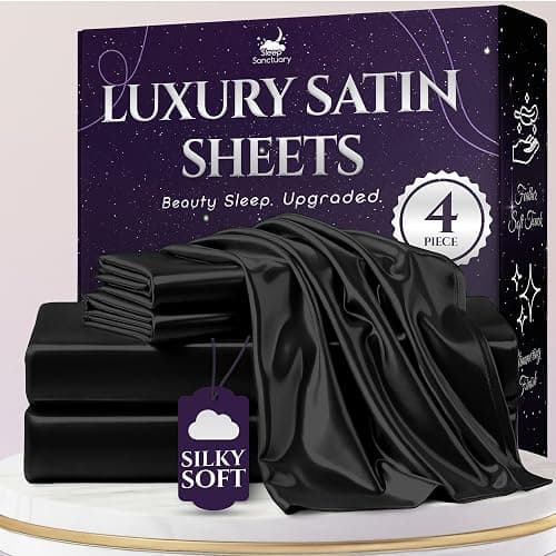 SLEEP SANCTUARY Satin Sheets King Size – 4 Piece Luxury Silky Bed Set, Softer Than Silk, 15" Deep Pocket, Cooling & Wrinkle-Free, Moisture-Wicking & Breathable for Hair & Skin (Black) - Image 1