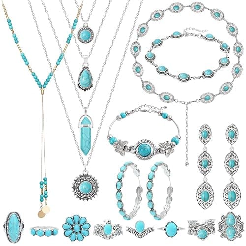 NEWITIN 20 Pieces Silver Bohemian Jewelry Set for Women Fashion Costume Jewels Turquoise Necklace Bracelet Ring Earrings Western Turquoise Jewelry Set for Women - Image 1
