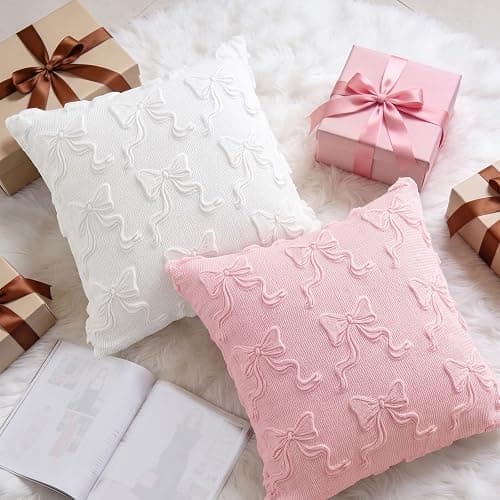 HEIFAM Pink Bow Throw Pillow Covers 18x18in, Pink Throw Pillow Cases Set of 4, White Bow Pillow Covers Decorations Faux Fur Soft, Bowknot Preppy Stuf Pillowcovers for Holiday Sofa Couch Home Decor thumbnail 7