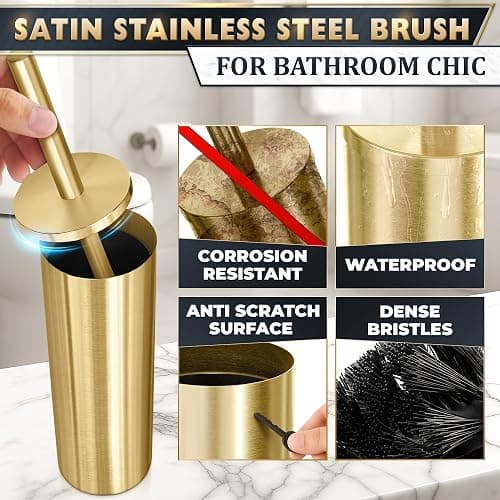 Gold Toilet Brush and Holder Set - Brushed Stainless Steel Gold Toilet Bowl Brush and Holder with Replaceable Head, Removable Inner Bowl, and Splash Protection - Dense Bristles for Thorough Cleaning thumbnail 2