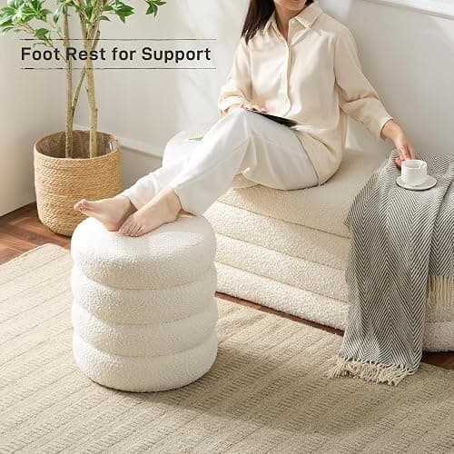 Krcix Round Ottoman with Storage Boucle Ottoman Stool with Storage Removable Lid for Living Room Modern Vanity Sorage Stool Foot Rest Bedroom Dorm Gift Set of 1 (White) thumbnail 6