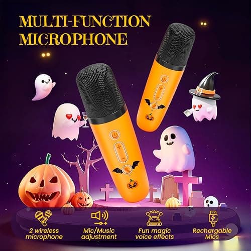 IROO Mini Karaoke Machine for Kids, Halloween Party Supplies & 2025 TOP Toy Gifts Ideas for Girls Boys Ages 4-12, Portable MP3 Player with 2 Wireless Mics for Birthday Christmas Singing Games（Pumpkin） thumbnail 7