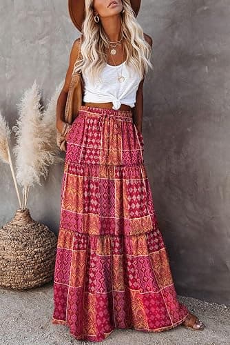 Happy Sailed Womens Floral Print Boho Maxi Skirt Elastic High Waist Pleated Ruffle Flowy Long Skirts S-XL thumbnail 2