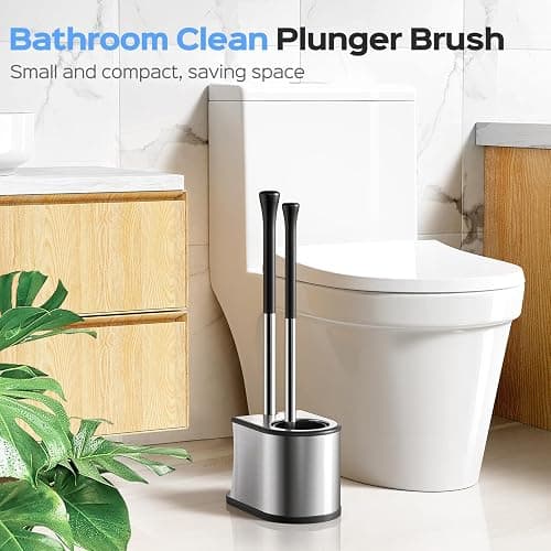 HAMITOR Toilet Plunger and Brush Set: 2 in 1 Stainless Steel Rustproof Combo with Deep Cleaning Curved Bristles - Heavy Duty Toilet Unclogging for Family Bathroom - Compact Apartment Accessories thumbnail 7